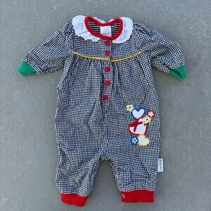 VTG 90s HealthTex Black White Check Primary Color Clown Hearts One Piece 6-9 MO